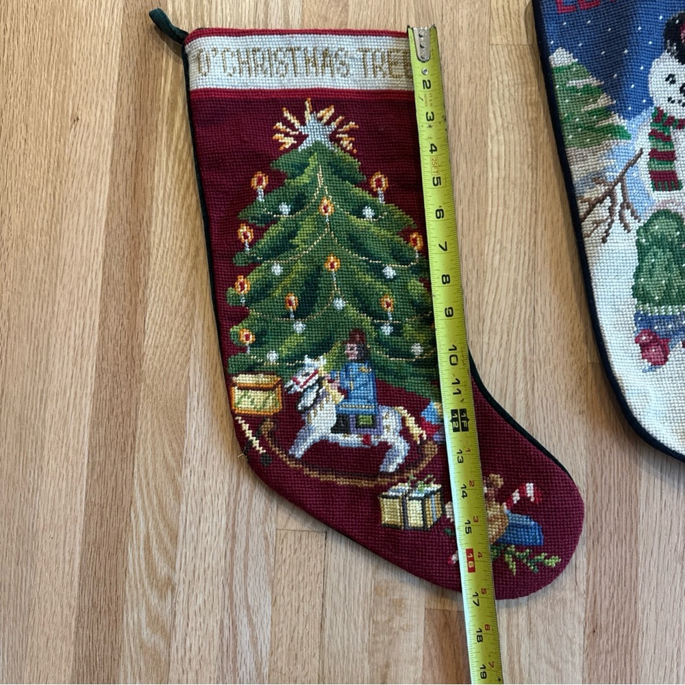 2 Needlepoint Christmas Stockings O’Christmas Tree & Let It Snow Velvet - Picture 7 of 10